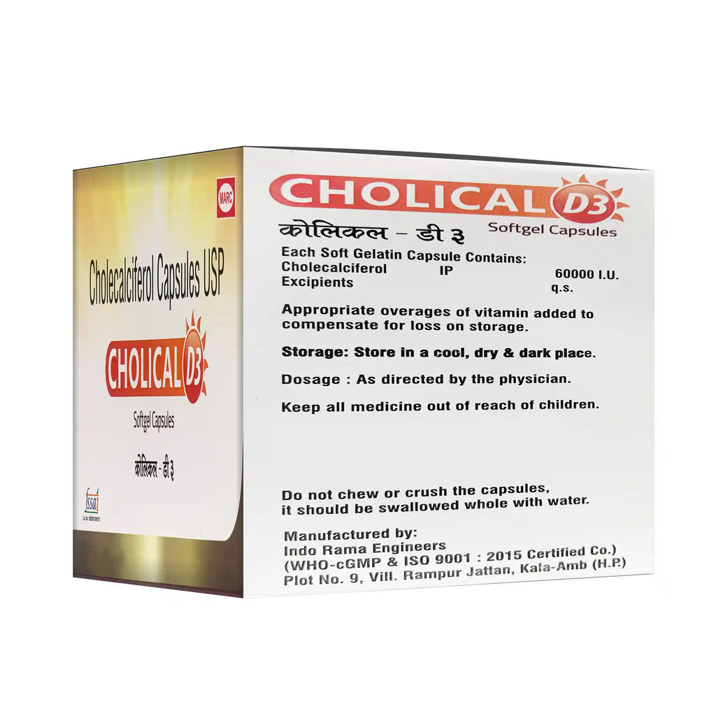 Cholical D3 Softgel capsules– A high-quality Vitamin D3 supplement formulated to support calcium absorption, strong bones and teeth, muscle function, immune health, and overall wellness by helping maintain optimal Vitamin D levels.