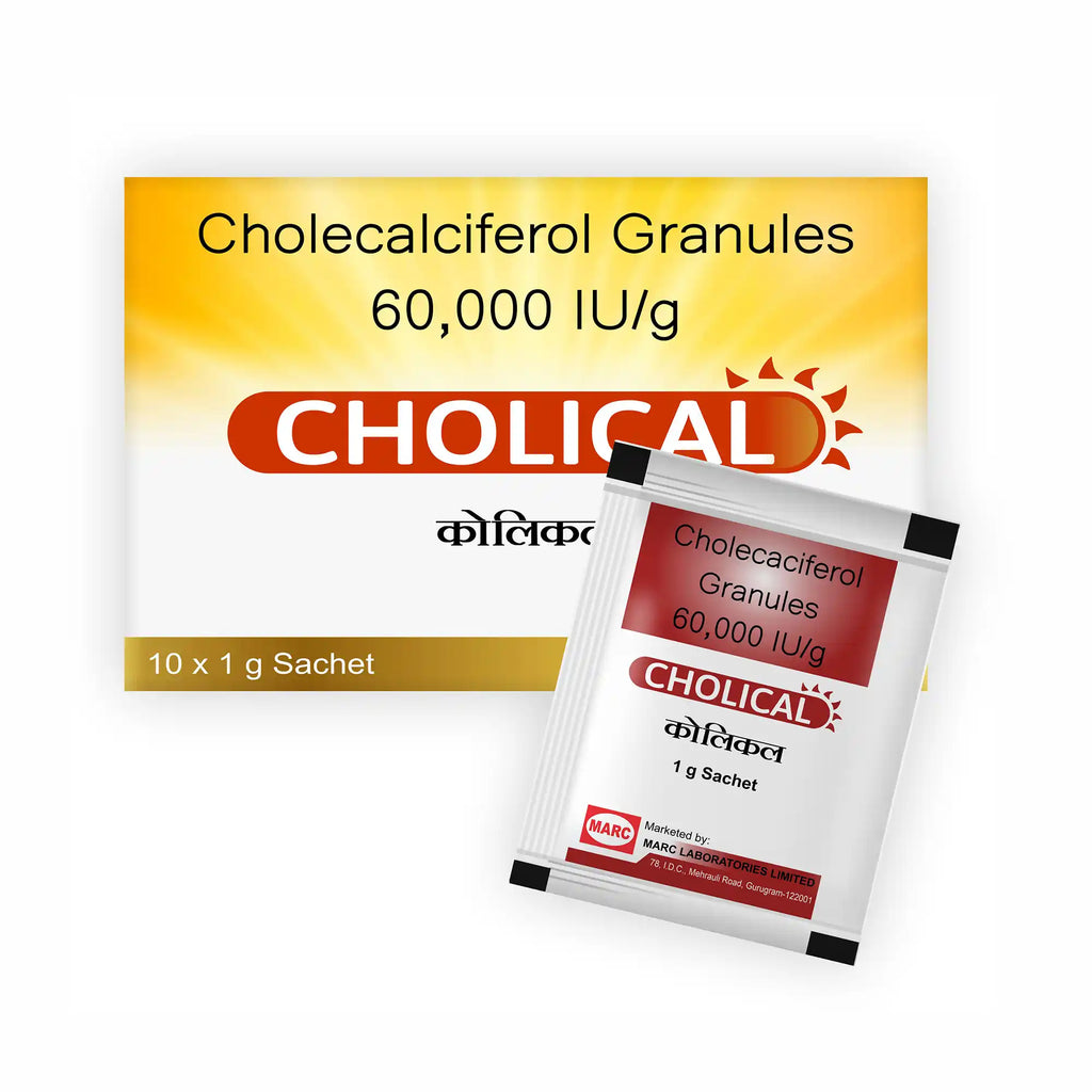 Cholical D3 Sachet – A convenient Vitamin D3 granule formulation designed to support calcium absorption, strong bones and teeth, muscle function, immune health, and optimal Vitamin D levels for overall wellness.