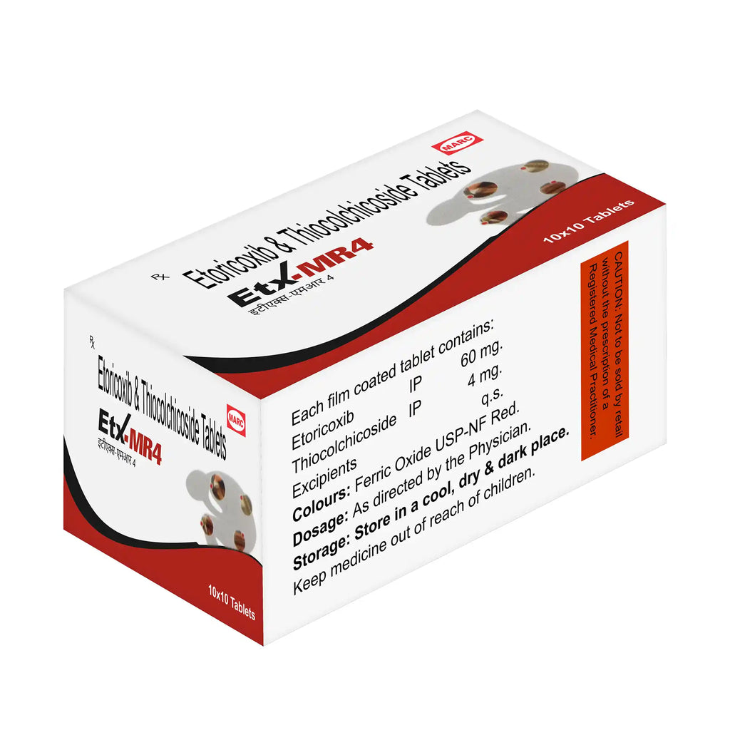 ETX MR4 Etoricoxib 60mg & Thiocolchicoside 4mg tablet: Helps Relieve joint, low back Pain, Inflammation, Muscle stiffness, sprains, Osteoarthritis and Rheumatoid Arthritis, Cervical spondylosis & leg related pain