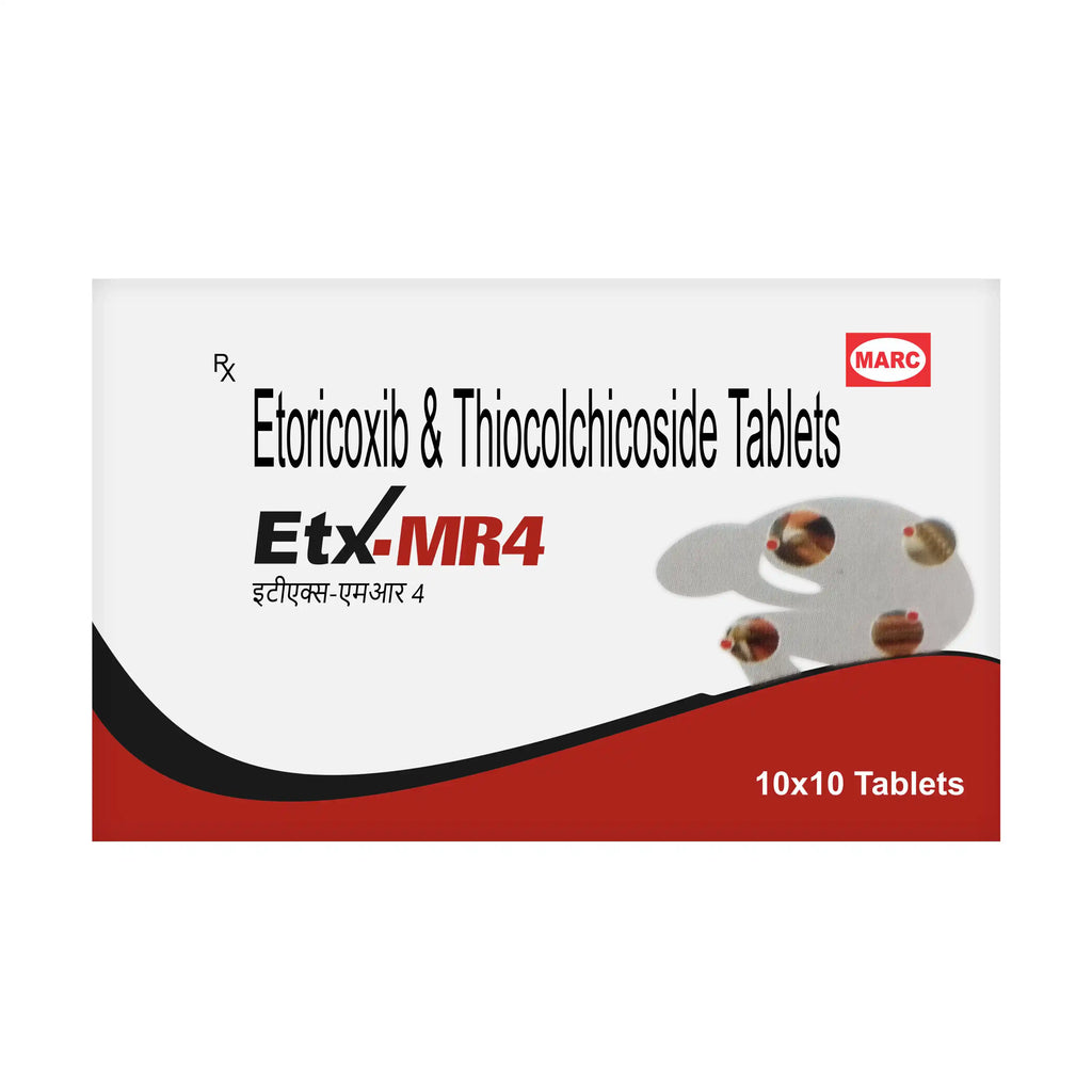 ETX MR4 Etoricoxib 60mg & Thiocolchicoside 4mg tablet: Helps Relieve joint, low back Pain, Inflammation, Muscle stiffness, sprains, Osteoarthritis and Rheumatoid Arthritis, Cervical spondylosis & leg related pain