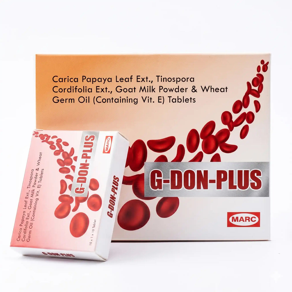 G-Don Plus Tablets – A nutritional herbal formulation with Carica Papaya Leaf Extract, Tinospora cordifolia Extract, Goat Milk Powder, and Wheat Germ Oil (Vitamin E) to support immune health, antioxidant protection, vitality, and overall wellness.