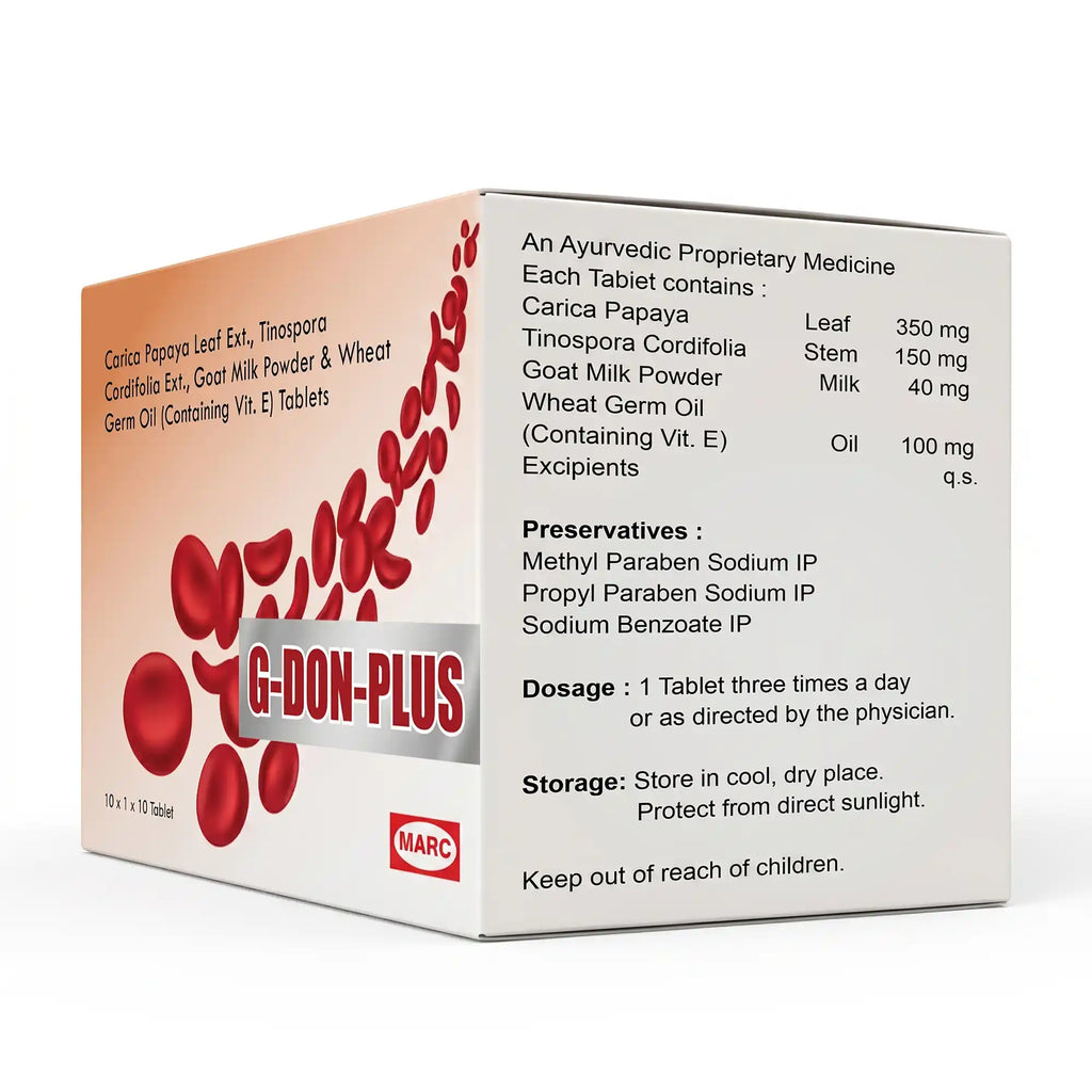 G-Don Plus Tablets – A nutritional herbal formulation with Carica Papaya Leaf Extract, Tinospora cordifolia Extract, Goat Milk Powder, and Wheat Germ Oil (Vitamin E) to support immune health, antioxidant protection, vitality, and overall wellness.