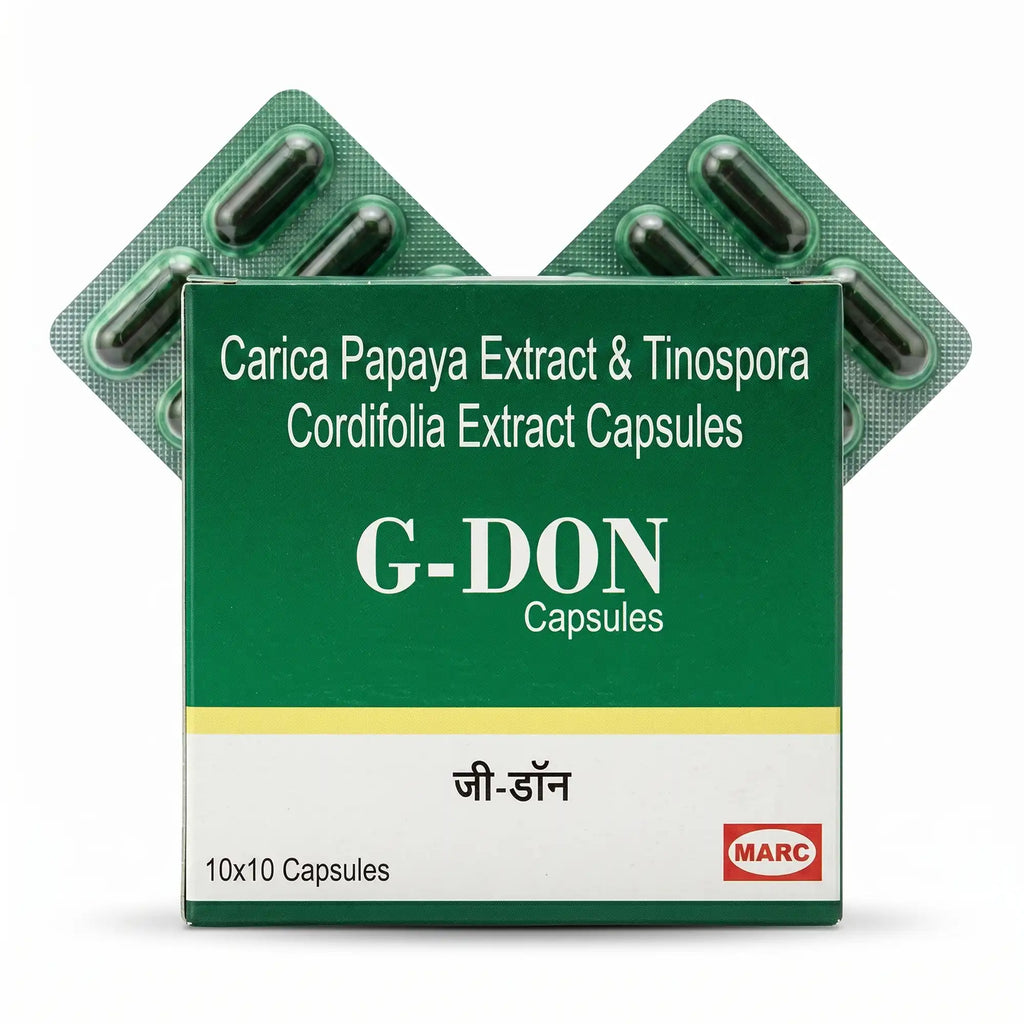 G-Don Capsule –  A herbal formulation with Carica Papaya Leaf Extract and Tinospora cordifolia (Giloy) Extract, designed to support immune health, antioxidant protection, overall vitality, healthy recovery, and daily wellness.