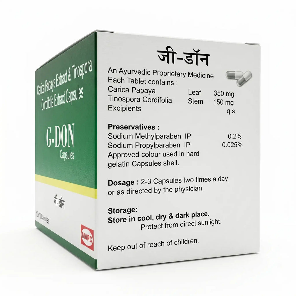 G-Don Capsule –  A herbal formulation with Carica Papaya Leaf Extract and Tinospora cordifolia (Giloy) Extract, designed to support immune health, antioxidant protection, overall vitality, healthy recovery, and daily wellness.