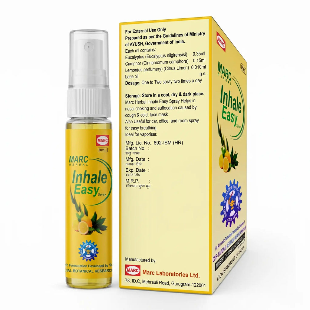 Inhale Easy Spray 9ml – A refreshing herbal inhalation spray with Lemon Oil, Eucalyptus Oil, and Camphor Oil, formulated to provide a cooling aromatic experience, support nasal freshness, respiratory comfort, and everyday wellness.