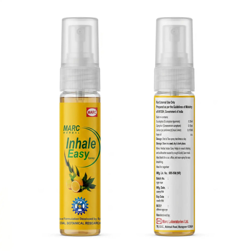 Inhale Easy Spray 9ml – A refreshing herbal inhalation spray with Lemon Oil, Eucalyptus Oil, and Camphor Oil, formulated to provide a cooling aromatic experience, support nasal freshness, respiratory comfort, and everyday wellness.