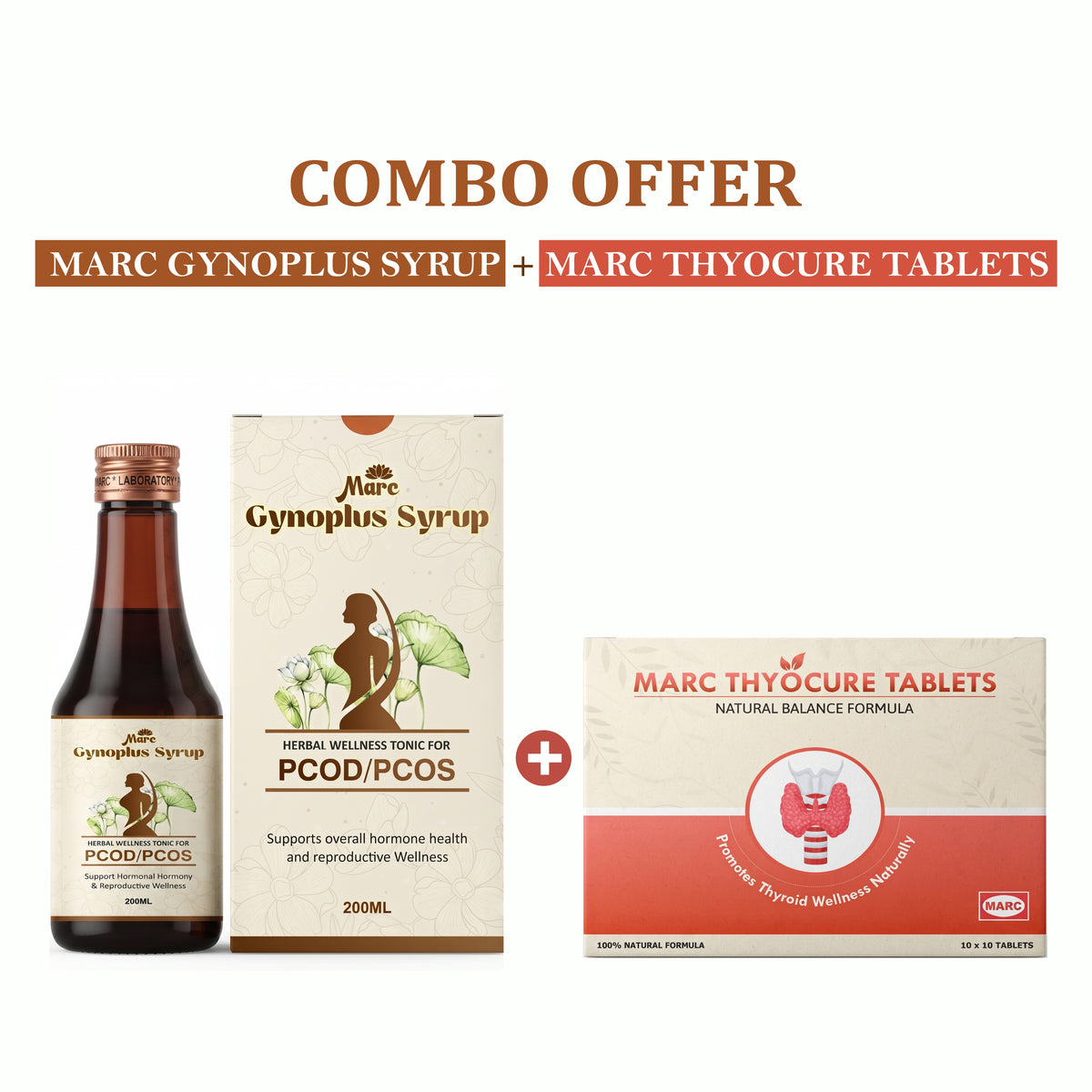 MARC Thyocure Tablets for Thyroid & Gynoplus Syrup for PCOD/PCOS Support
