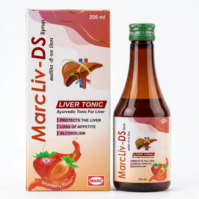 Marc Liv DS Syrup – An Ayurvedic herbal liver support syrup enriched with Makoi, Bhui Amla, Haritaki, Tulsi, Punarnava, Kalmegh, Kutki, Bhringraj, Amla, Mulethi, and digestive herbs for overall liver wellness.
