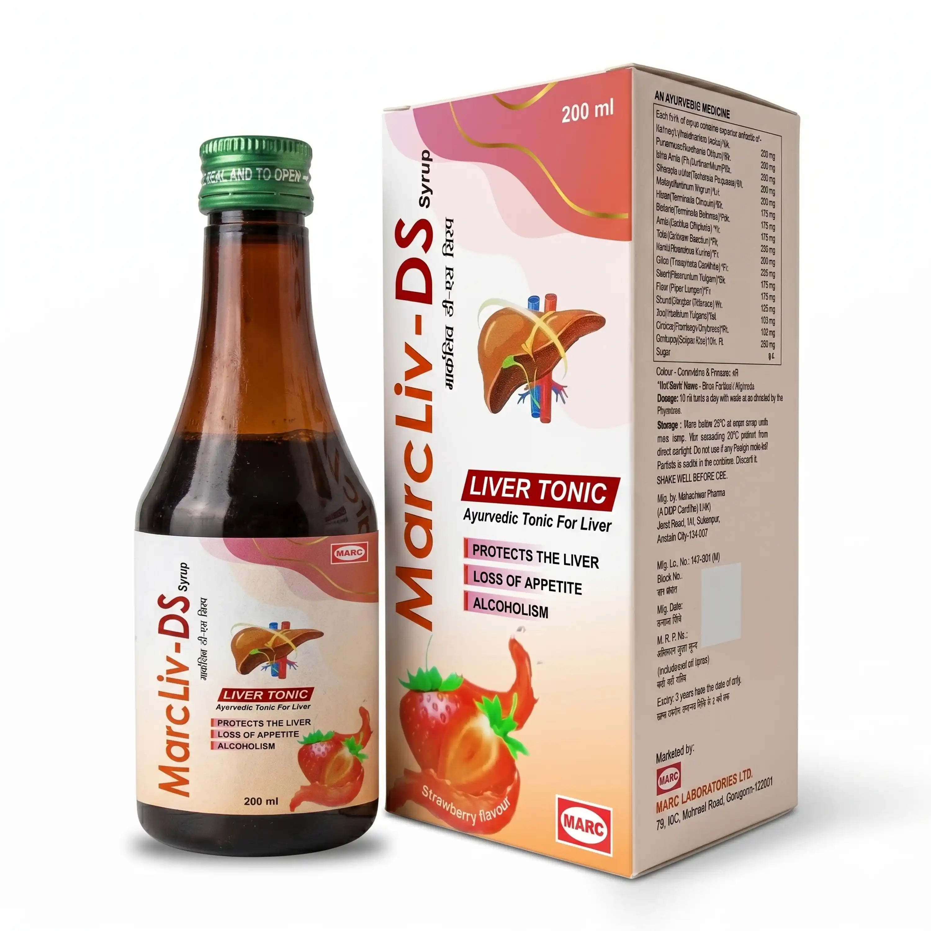 Marc Liv DS Syrup – An Ayurvedic herbal liver support syrup enriched with Makoi, Bhui Amla, Haritaki, Tulsi, Punarnava, Kalmegh, Kutki, Bhringraj, Amla, Mulethi, and digestive herbs for overall liver wellness.