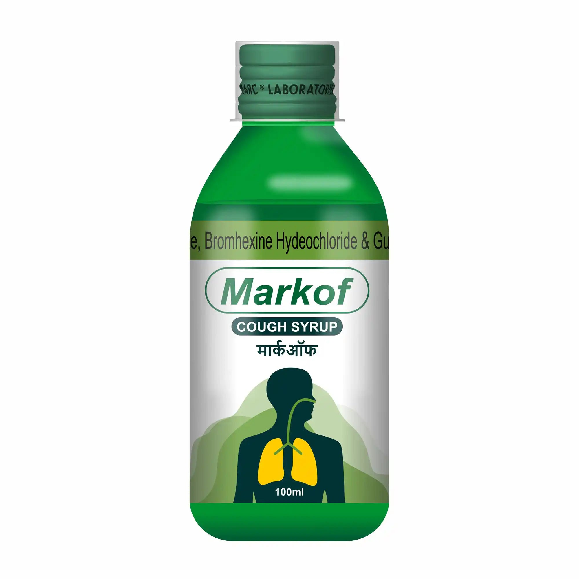 Markof Syrup 100 ml – A cough syrup containing Terbutaline Sulphate, Bromhexine Hydrochloride, and Guaiphenesin, formulated to help relieve productive cough, loosen mucus, support easier breathing, and promote respiratory comfort.