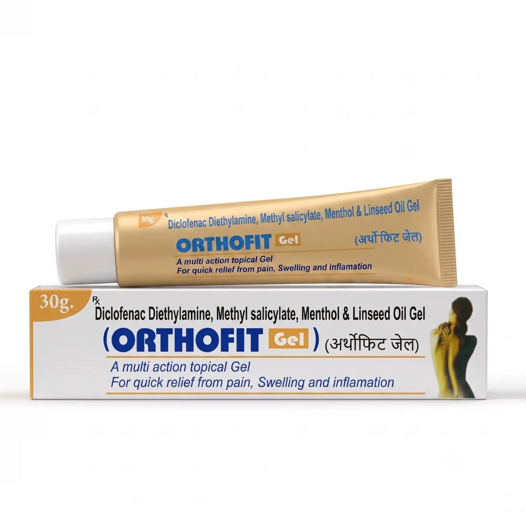 Orthofit Gel – A topical pain relief gel containing Diclofenac, Methyl Salicylate, Menthol, and Linseed Oil, formulated to support temporary relief from muscle and joint discomfort with a soothing cooling sensation.