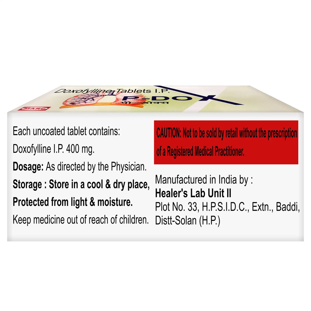 P-Dox- Doxofylline 400mg tablet: Helps to treat respiratory conditions like bronchial asthma, chronic obstructive pulmonary disease (COPD), and chronic bronchitis.