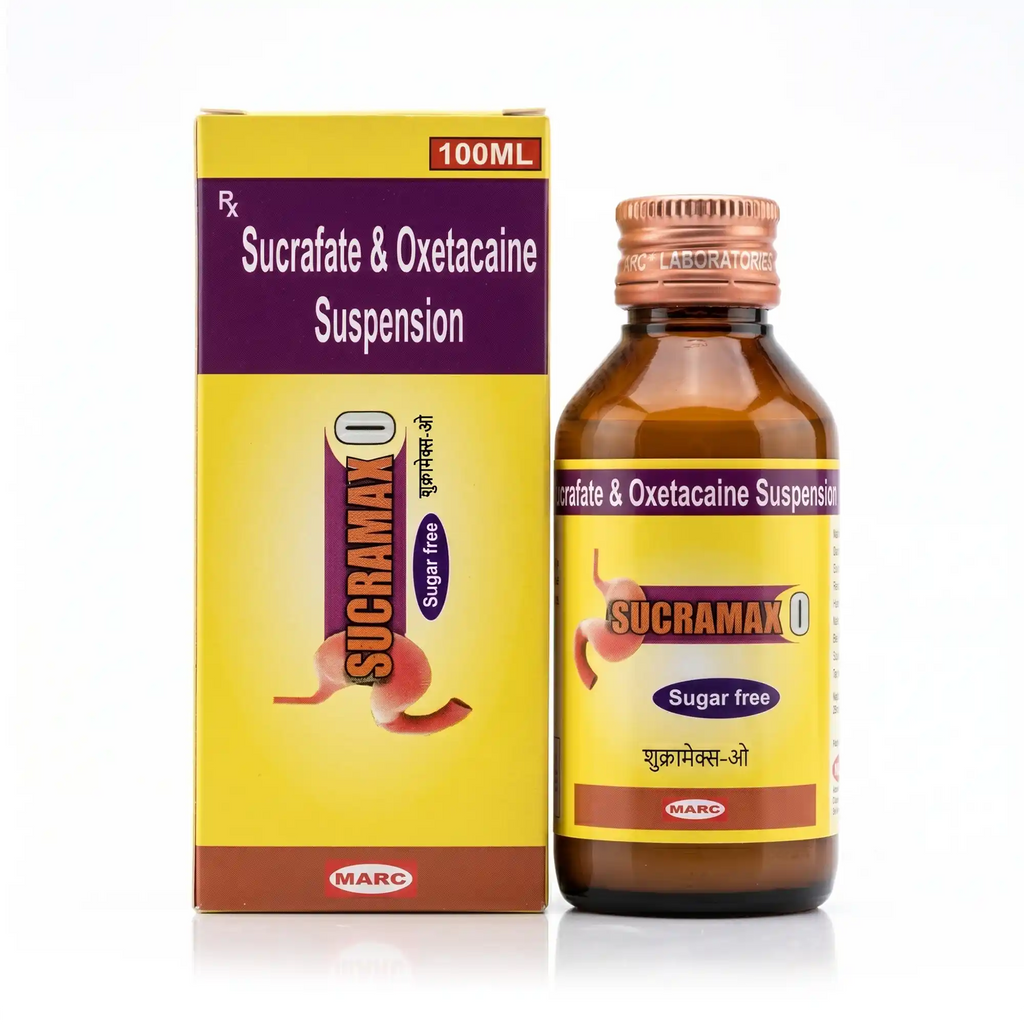Sucramax Sugar Free Suspension – A sugar-free Sucralfate oral suspension formulated to help protect the stomach lining, support ulcer healing, relieve gastric irritation, and promote overall gastrointestinal health under medical supervision.
