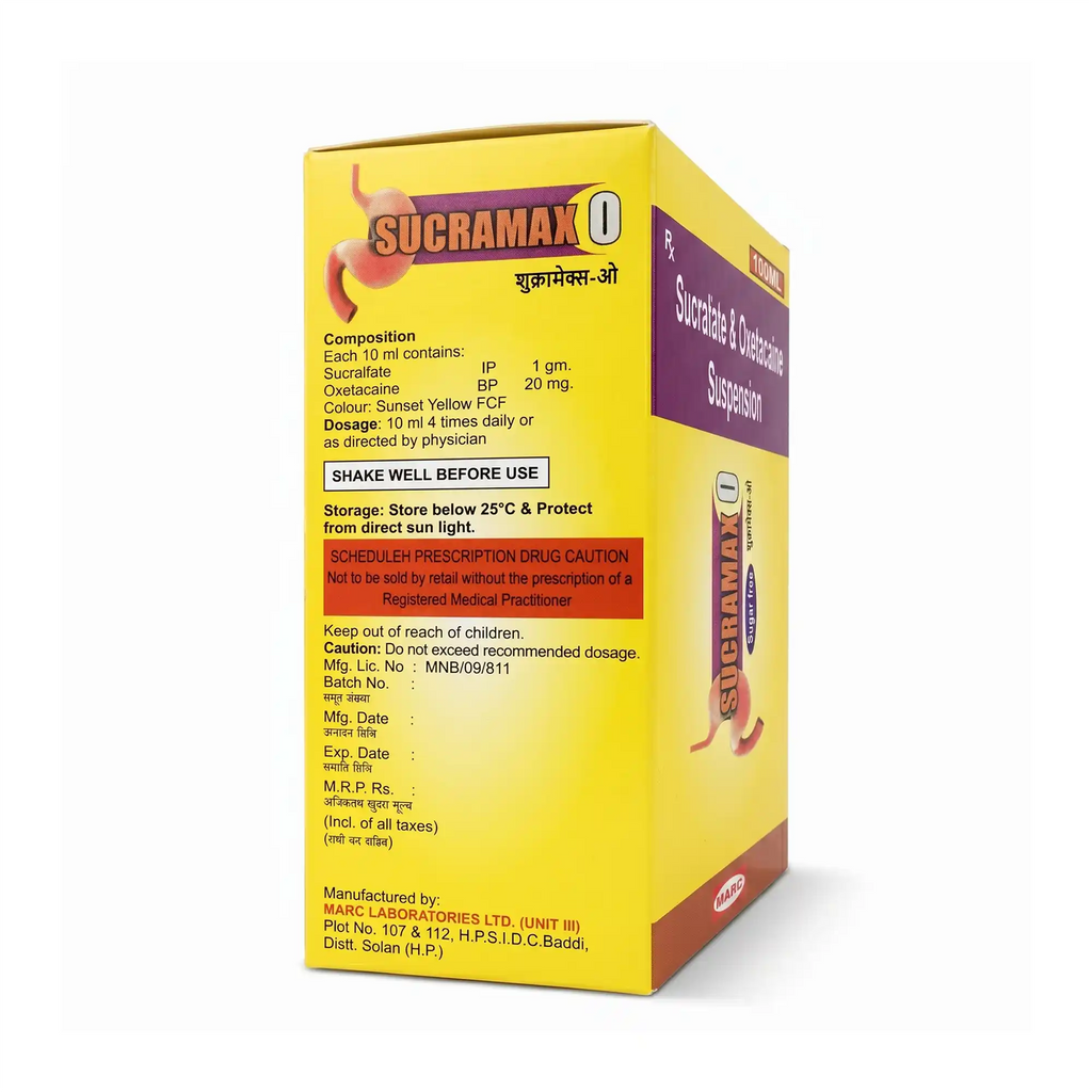Sucramax Sugar Free Suspension – A sugar-free Sucralfate oral suspension formulated to help protect the stomach lining, support ulcer healing, relieve gastric irritation, and promote overall gastrointestinal health under medical supervision.