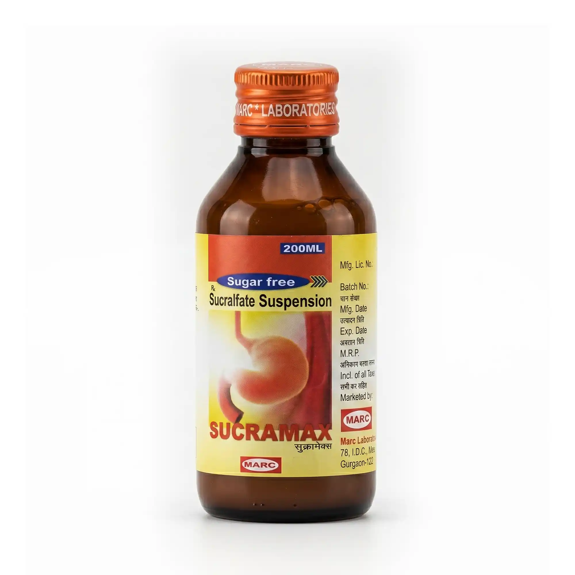Sucramax Sugar Free Suspension – A sugar-free Sucralfate oral suspension formulated to help protect the stomach lining, support ulcer healing, relieve gastric irritation, and promote overall gastrointestinal health under medical supervision.
